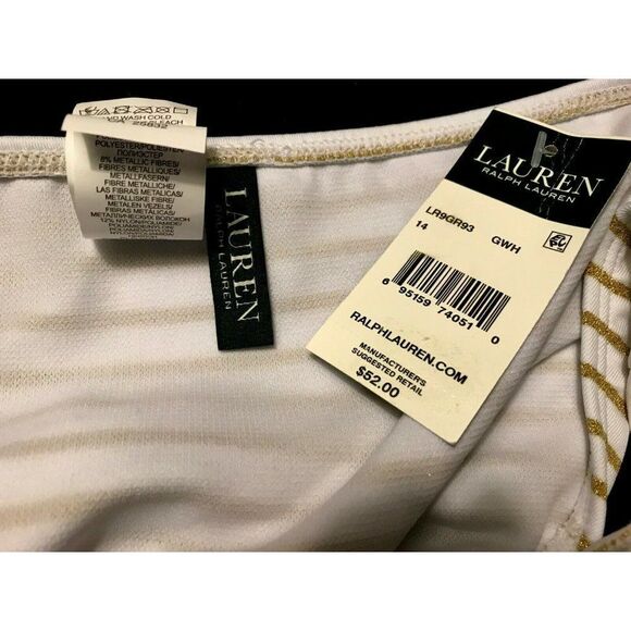 Ralph Lauren LRL Sz 14 Gold Metallic Lurex Stripe White Hipster Bikini NEW - Picture 4 of 7